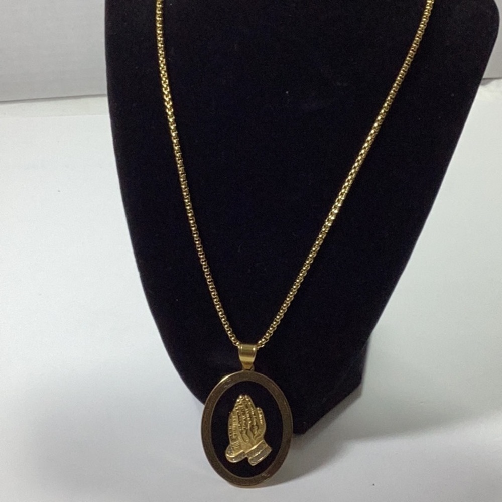 Mens Praying Hands 24” Pendant Necklace in Gold Enamel and Yellow Lon- Plated S